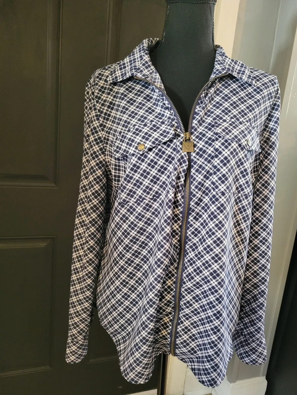 Michael Kors Blue Plaid Zip-Front Jean Jacket